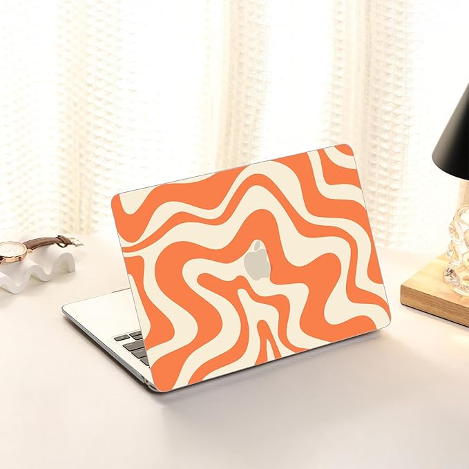 AKIT Compatible with MacBook Air 13 Inch Case M1 2022 2021 2020 2019 2018 A2337 A2179 A1932, Pattern Hard Shell Laptop Case+Screen Protector+Keyboard Cover for Mac Book Air 13.3 Inch, Orange Wave