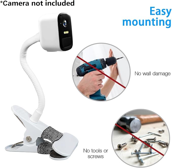 Adjustable Gooseneck Clamp Mount for eufy Cameras, Mounting Bracket Compatible with Arlo Pro 5S/Pro 4/Pro 3/Pro 2/Essential and More 1/4'' Camera(No Drill,White, 1 Pack) - Image 5