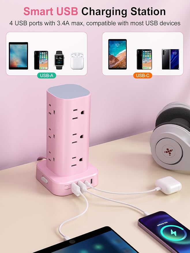 Power Strip Tower with Multiple Outlets, Flat Plug Surge Protector Tower Extension Cord with 12 AC Outlets 4 USB Ports (2 USB C), 6FT Cord Power Tower Surge Protector for Home Office Dorm Room, Pink