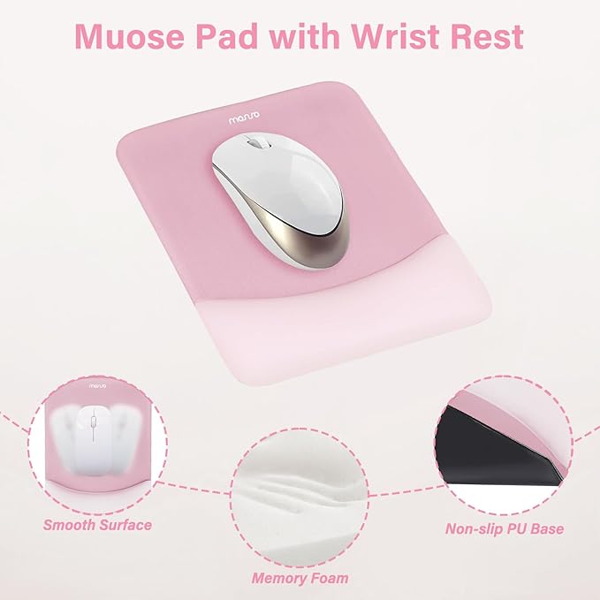 MOSISO Wrist Rest Support for Mouse Pad&Keyboard Set, Rectangular Ergonomic Mousepad Non-Slip Base Home/Office Pain Relief&Easy Typing Pad with Neoprene Cloth&Raised Silicone Lining, Pink
