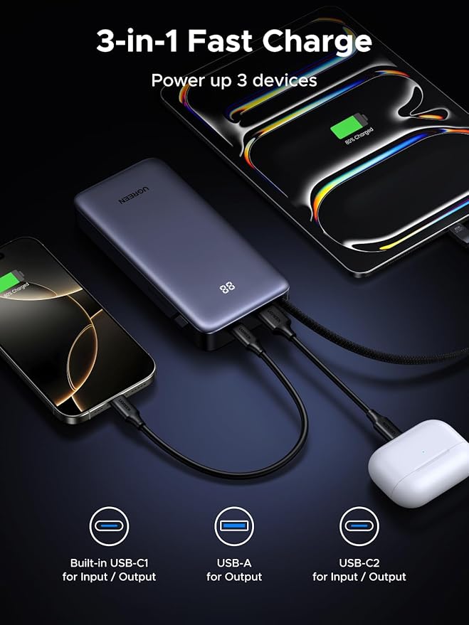 UGREEN Nexode Power Bank 20000mAh 45W with Built-in Cable, Fast Charging Portable Charger for iPhone 17 Pro/Samsung S26 Ultra/iPad Pro, 3-Port External Battery Pack with Digital Display, Travel Ready