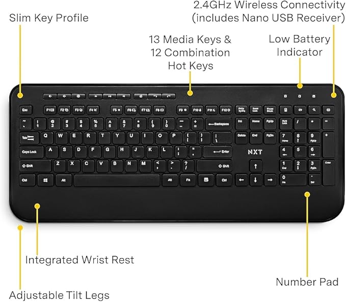 NXT Technologies Wireless Comfort Keyboard, Full‑Size with Wrist Rest, USB Receiver for PC and Laptop, Black