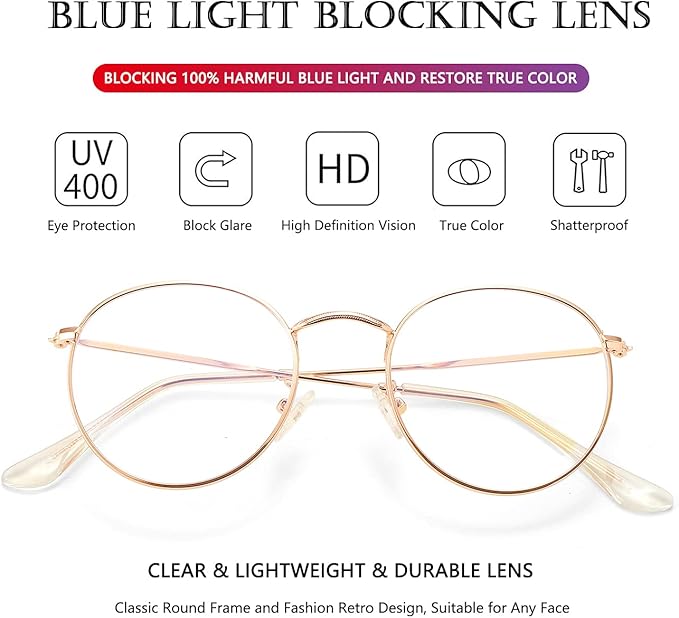 AIEYEZO Blue Light Glasses for Women Men Fashion Retro Circle Wire Frames Eyeglasses Anti-Blue Light Computer Gaming Glasses