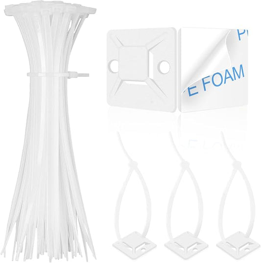Zip Tie Mounts - SeuYeugX 100 PCS Cable Self Adhesive Mounts Set for Wire Management with Stick Pads Anchors Clips Squares Holders (White) by SeuYeugX