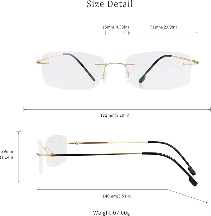 LifeArt Blue Light Blocking Computer Reading Glasses,Men's and Women's Rimless Frame (Golden, +1.50 Magnification)