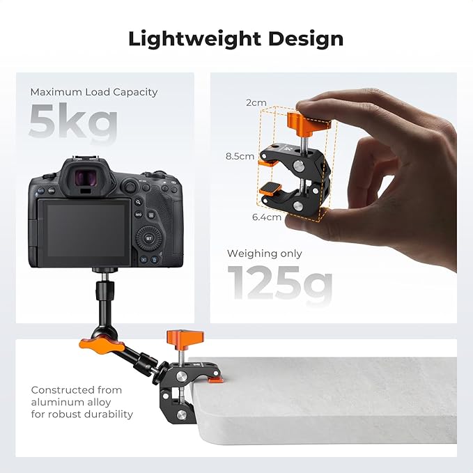 K&F CONCEPT Camera Mount Clamp, Super Crab Clamp with Rotatable Clamping Block, 1/4" and 3/8" Thread Holes for Round Pipe Flat Surface, Camera Mounts, and Other Photographic Accessories - Image 5