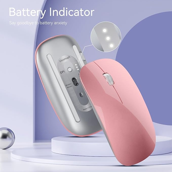 Uiosmuph G11 Wireless Mouse, USB C Rechargeable Computer Mouse, Slim Silent Mice 2.4GHz Optical with USB Nano Receiver and Type C Receiver for Laptop/Mac/PC - Rose Gold