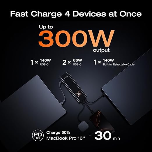 EF ECOFLOW Rapid Pro Power Bank, 27,650mAh 4-Port with 300W Max Output, Portable Charger with 140W Built-in Cable, TSA-Approved, Smart APP, for MacBook Pro/Air, iPhone 17/16Series, Laptops, and More