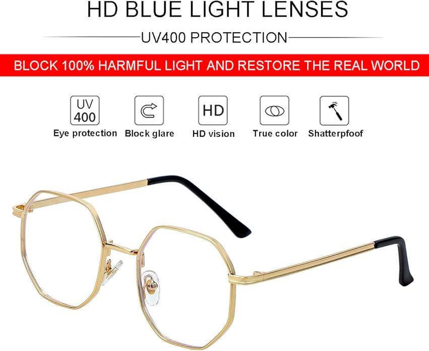 JOVAKIT Polygon Blue Light Blocking Glasses for Women Men Vintage Octagon Square Non-prescription Metal Eyeglasses