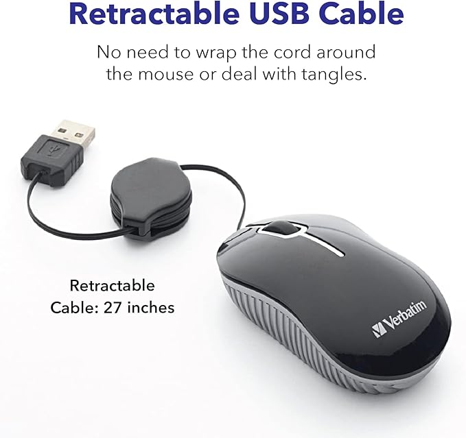 Verbatim Wired Optical Computer Mini USB-A Mouse - Plug & Play Corded Small Travel Mouse with Retractable Cable ?€? Blue 98616