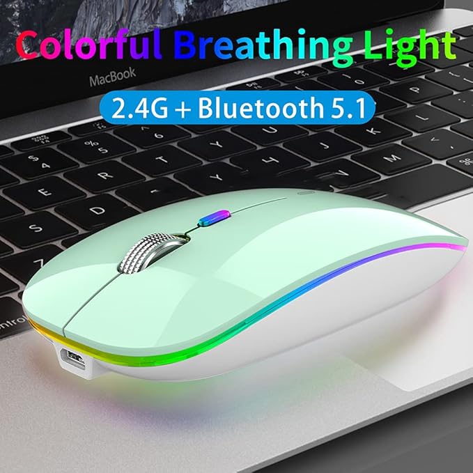 TENMOS Wireless Bluetooth Mouse, LED Slim Dual Mode (Bluetooth 5.1 + USB) 2.4GHz Rechargeable Silent Mint Green Mouse for Laptop/MacBook/iPad OS 13 and Above