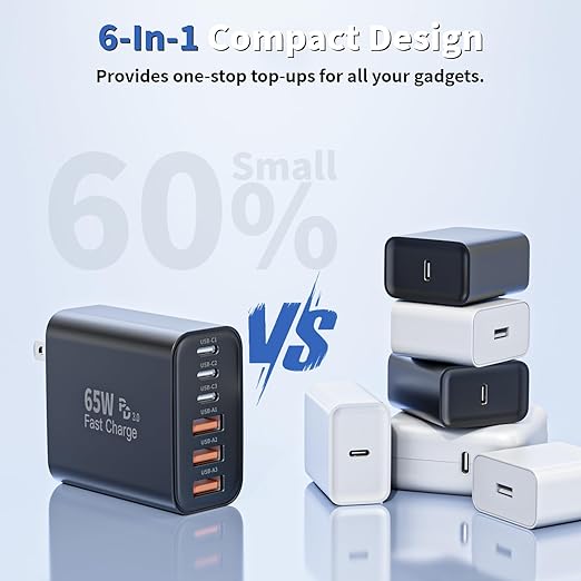 65W USB C Charger Block,2Pack 6-Port Apple USB C GaN Charger Fast Charging PD Power Adapter+QC Wall Plug Multiport Type C Box Brick for iPhone 17 17Air 16 15 14 13 12 11 Pro Max XS,iPad,AirPods,Black