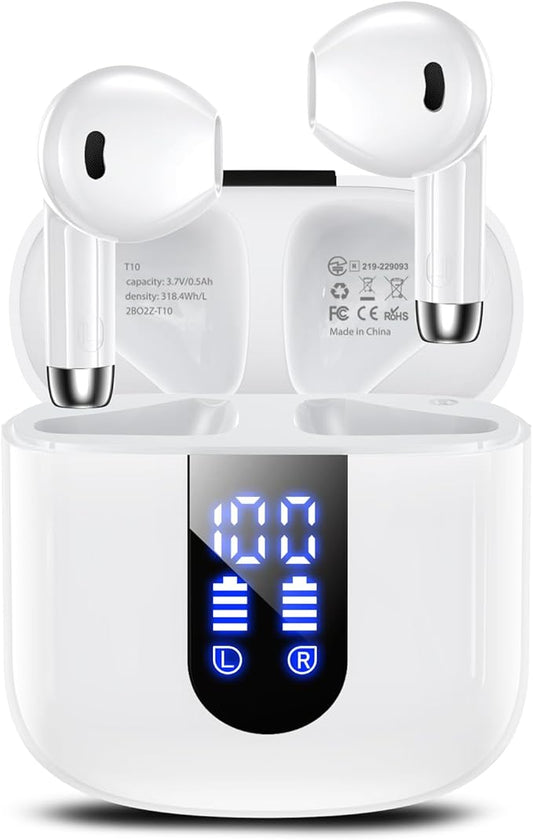 Wireless Earbuds, Bluetooth Headphones with Deep Bass Stereo, 48H Playback Ear Buds with LED Power Display, Lightweight, IPX7, in-Ear Earphones with Mic for iPhone/Android/iPad, White