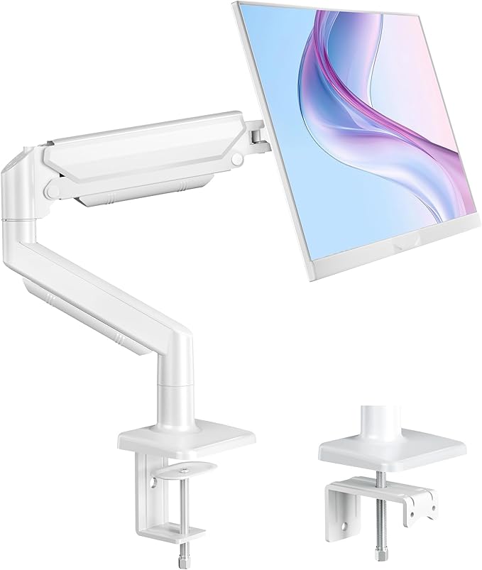 Single Monitor Stand for 13 to 32 inch Screens, Gas Spring Monitor Arm with Swivel, Tilt, Rotation, Height Adjustable, Desk Mount with C-Clamp and Grommet Base, Holds 4.4 to 19.8lbs Screen, White