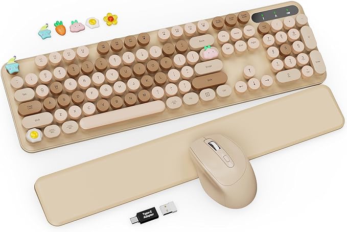 Wireless Keyboard and Mouse Combo - Cute Typewriter Keyboard with Detachable Wrist Rest, Retro Round Keycaps, Foldable Legs, 2.4GHz Full-Size Keyboard for PC, Laptop, Mac, Windows - Trueque (Latte)