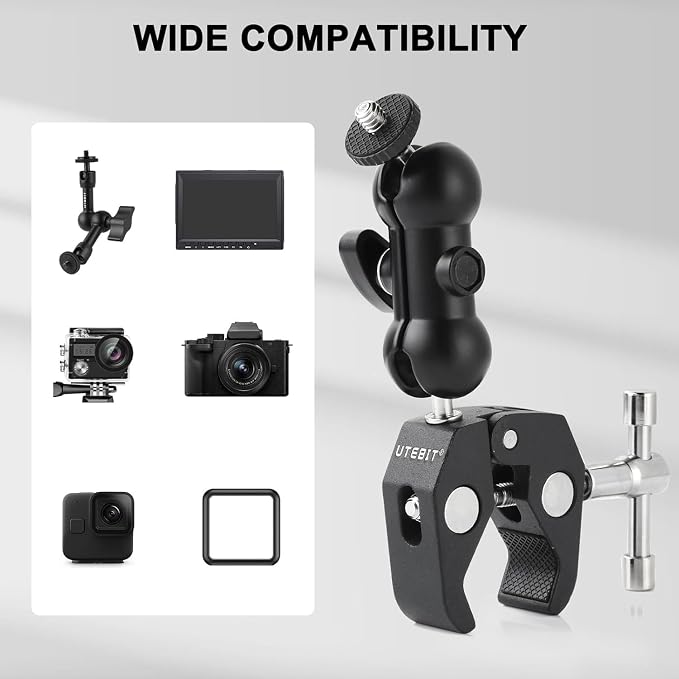 UTEBIT Super Clamp Camera Mount with 360?? Ballhead Magic Arm, Super Clamp Mount with 1/4" and 3/8" Thread, Desk/Bike/Bicycle/Motorcycle/Handlebar for GoPro, Phone, Camera, Monitor, LED Light - Image 5