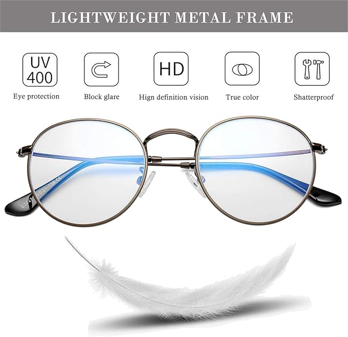 HJSTES Round Blue Light Glasses for Women Men Retro Circle Clear Lens Metal Frame Eyeglasses
