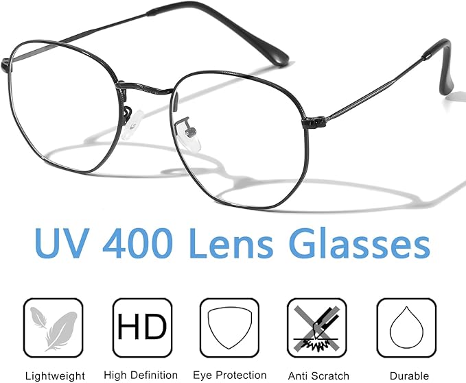 Hexagonal Metal Blue Light Blocking Glasses Anti Eye Strain for Digital Screens Lightweight Frame for Men Women