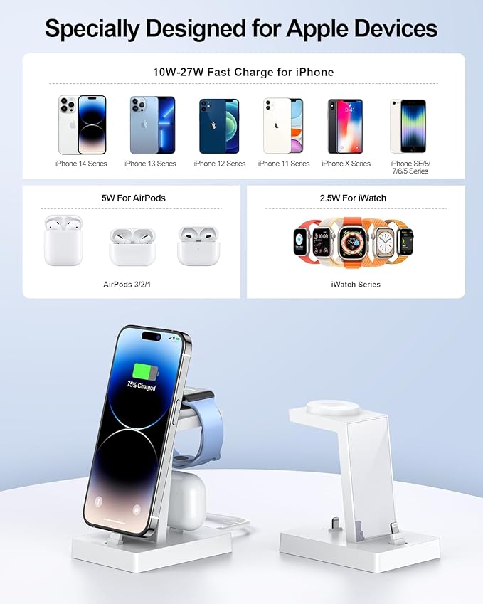 30W Fast Charging Station for Multiple Devices -ADADPU 3 in 1 Charger Stand for iPhone 14/13/12/11 Pro Max XS XR 8 Plus(Not for 17/16/15) Charging Dock for AirPods Apple Watch Series 8/7/6/5/4/3/2/SE
