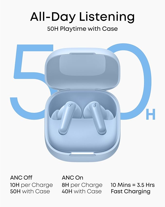 Soundcore P31i by Anker, Real-Time Adaptive Noise Cancelling, Hi-Res Sound, Translation Earbuds, 50H Playtime, Wireless Earbuds, Bluetooth Earphones, Spatial Audio, Fast Charging, IP55 (Light Blue)