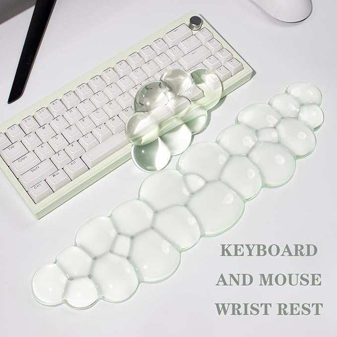 Clear Gel Wrist Rest for Keyboard and Mouse, Green Cloud Wrist Rest Set, Cute Ergonomic Silicone Wrist Rest for Computer Keyboard 60%/68%/75%