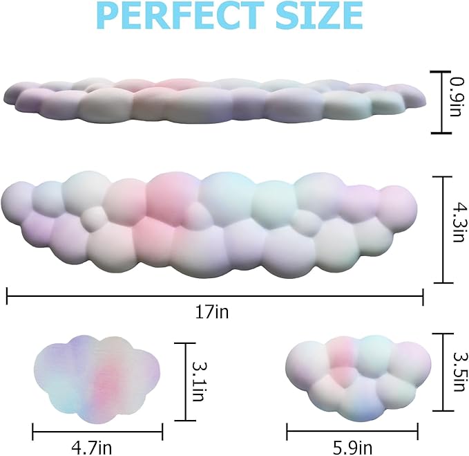 Cloud Wrist Rest Keyboard, PU Leather Memory Foam Wrist Support for Computer Keyboard, Ergonomic Keyboard Pad and Cute Mouse Wrist Pad for Gaming, Office, Computer, Easy Typing Pain Relief, Rainbow