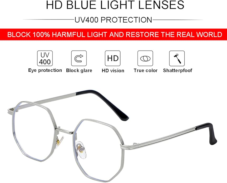 JOVAKIT Polygon Blue Light Blocking Glasses for Women Men Vintage Octagon Square Non-prescription Metal Eyeglasses