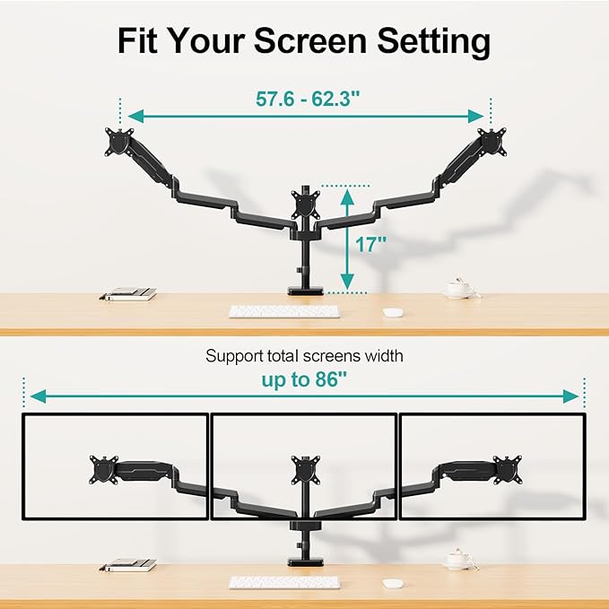MOUNT PRO Triple Monitor Mount, 3 Monitor Desk Mount for Three Screens up to 32 Inch, Full Motion Gas Spring Heavy Duty Arm Hold up to 19.8lbs Each, Black