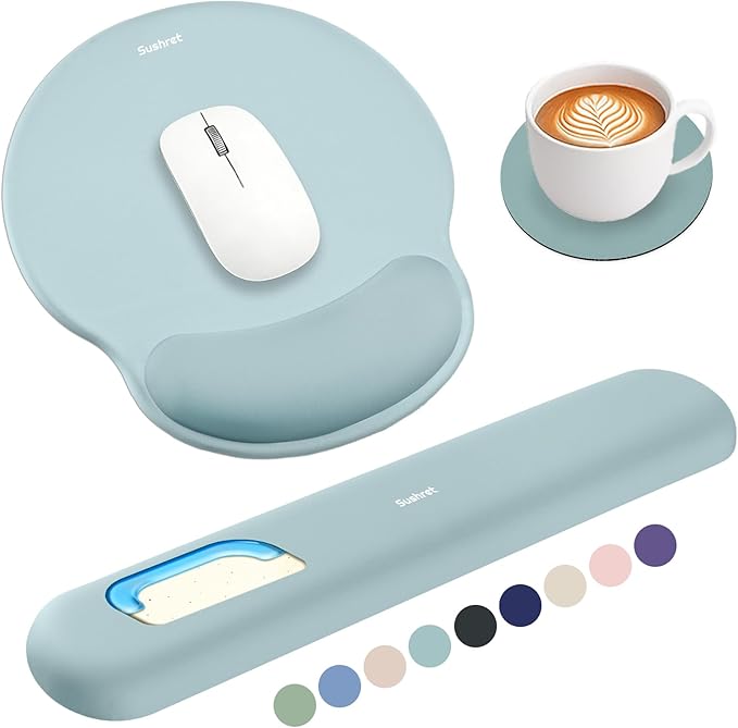 Sushret Mouse Pad and Keyboard Wrist Rest, 3-in-1 Gel Memory Foam Ergonomic Mouse Pad with Wrist Rest Set, Gaming Mousepad Arm Cushion Support for Computer Office Desk Accessories Cute, Seafoam Blue