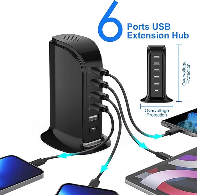 USB Charging Station for Multiple Devices, 40W Multiport Charger Tower, USB-C Port Supports PD Quick Charge Compatible with iPhone, Smartphones, Tablets and Other Devices (Black)