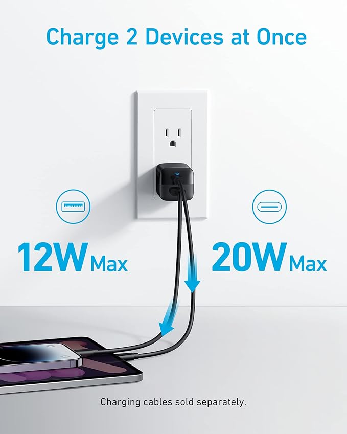 Anker USB C Charger Block, 33W 2 Port Compact Charger with Foldable Plug for iPhone 17/16 Series, Galaxy, and More (Cable Not Included, Black)