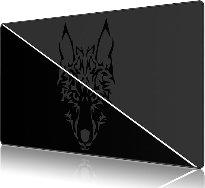 Large Gmaing Mouse Pad with Stitched Edges, Superior Micro-Weave Cloth, Non-Slip Base, Size 35.4 X 15.7X 0.12inches - Black Gray Wolf Head