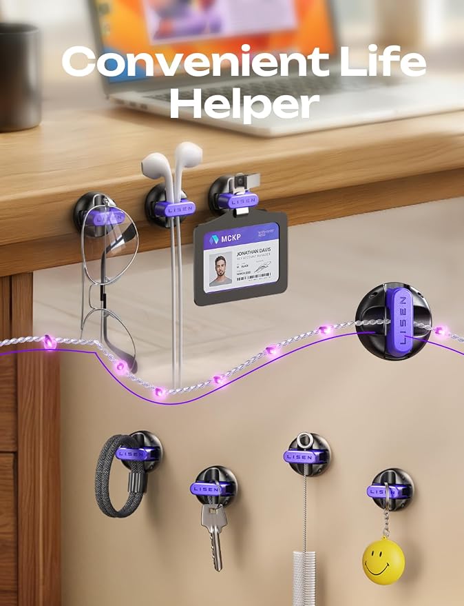 LISEN Magnetic Charging Cord Holder 8-Pack Charging Cord Organizer [1S Click-in], Easy Open Cable Holder with Strong Adhesive, Cable Management Clips Neatly for Nightstand, Desk, Home, Office, Purple - Image 8
