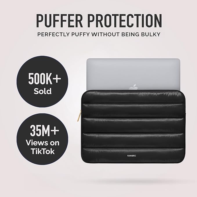 Vandel - The Original Puffy Laptop Sleeve 13-14 Inch. Black Laptop Sleeve for Women. Carrying Case Cover MacBook Pro 14 in, MacBook Air 13 Inch, iPad Pro 12.9, Dell, Asus, HP