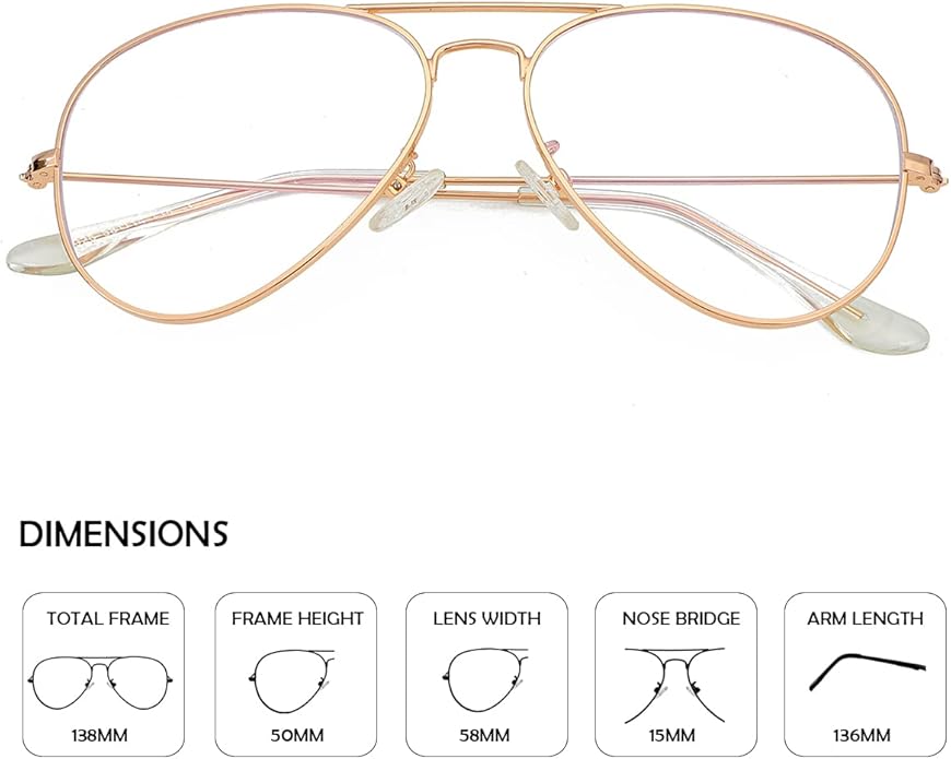 Aviator Clear Lens Glasses for Women Men Non-prescription Eyeglasses Blue Light Blocking Lens Metal Frame