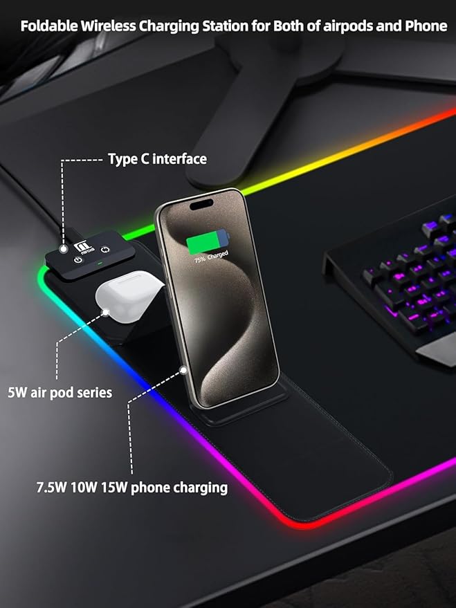 XXL Mouse Pad with Foldable Phone Holder - Black, RGB Desk Mat with 15W Fast Charging, LED Gaming Mousepad with 11 Light Colors, Waterproof Non-Slip Pad (Stand-XXL RGB Black PD Adapter)