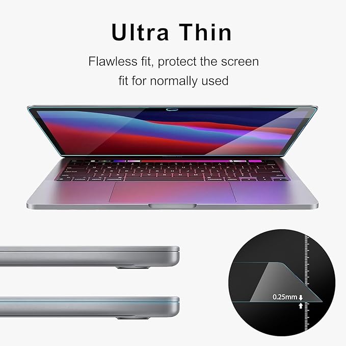 2Pack- 9H Hardness Tempered Glass Screen Protector for MacBook Pro 13" (M1/M2 2016-2022)/ MacBook Air 13 inch (M1 2018-2021), Bubble Free, Ultra Thin HD Transparency, Anti Scratch