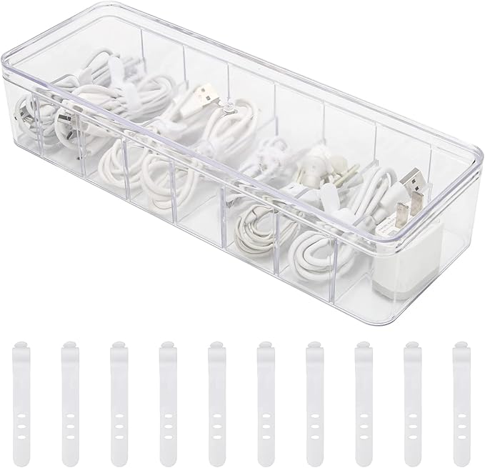 Cable Organizer Storage Box Plastic Cable Cord Management Box Power Cord Organizer Case with 10Pcs Rubber Ties for Office, Home, Desk Accessories Storage Stationery Supplies