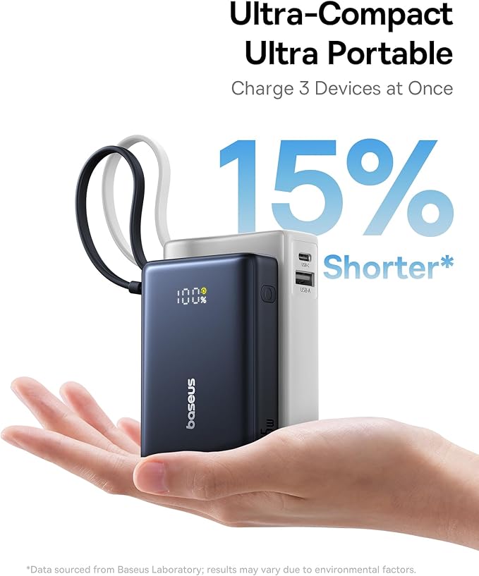 Baseus Power Bank, Picogo 10000mAh 45W 3-Output Portable Charger with Built-in USB-C Cable, PPS/PD QC Fast Charging External Battery Pack for iPhone 17/16/15/14/13, Samsung S25/S24, MacBook Pro, iPad