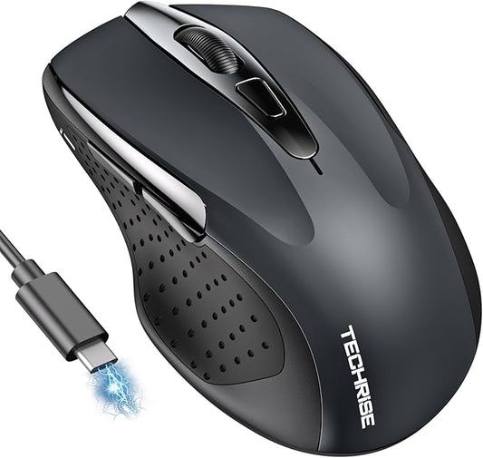 TechRise Bluetooth Mouse (BT5.0/3.0 & 2.4G) Rechargeable Wireless Mouse, 4800 DPI Optical Tracking, 6 Adjustable DPI, 2.4GHz with USB A Receiver, Quiet Clicks, Ergonomic Grips, 6 Buttons - Grey