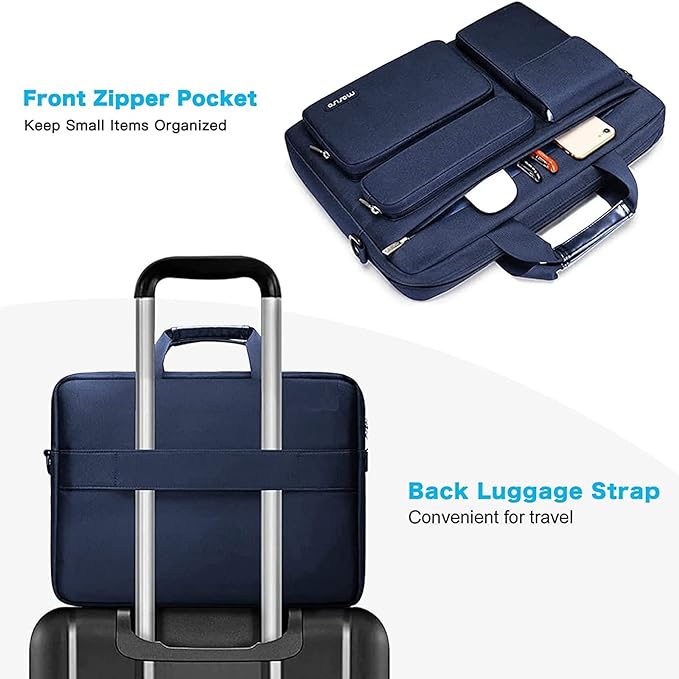 MOSISO Laptop Shoulder Bag 13.3 inch, 13-14 inch Computer Bag Compatible with MacBook Air/Pro 13 / Pro 14, HP Dell ASUS Lenovo with 2 Raised&1 Flapover&1 Horizontal Pocket&Handle&Belt, Navy Blue