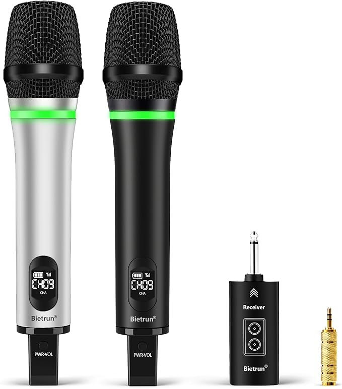 Bietrun Rechargeable Wireless Microphone,Dual Metal Cordless Handheld Dynamic Wireless Mics with Bluetooth, UHF 240FT Range for 1/4'',1/8''Output,PA System,Dj,Mixer,Church(White＆Black)