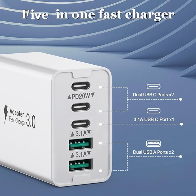 2-Pack 50W 5-Port USB C Charger Block - Fast Charging 3 USB C + 2 QC Wall Plugs for iPhone 12/13/14/15/16, Samsung S24/S23