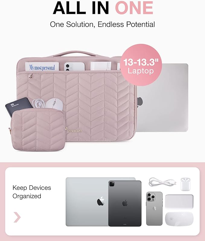 BAGSMART Laptop Case with Handle, Puffy Padded Laptop Bag Sleeve for Women, Portable MacBook Air/Pro Computer Case, 13-14 inch, Pink