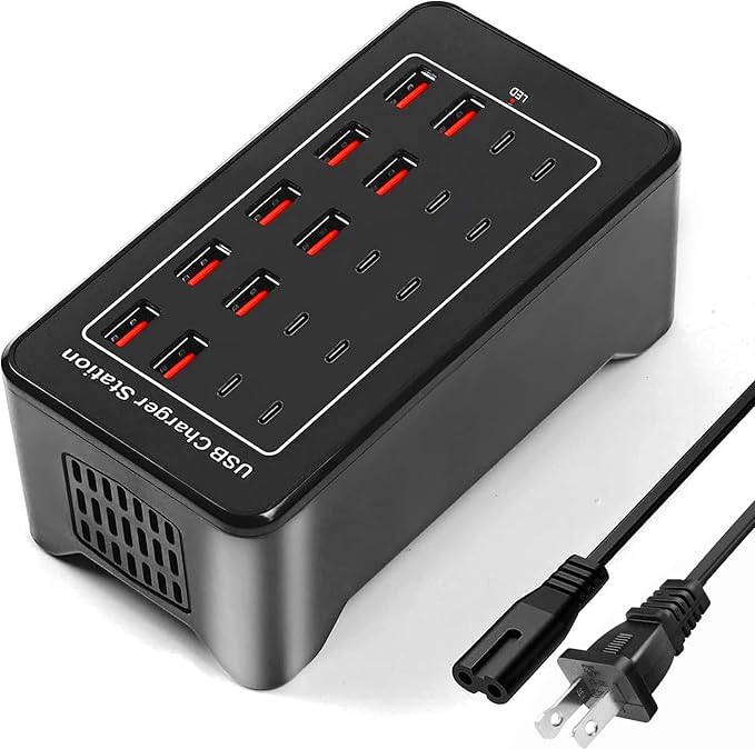 USB Charging Station, USB C Charger Block, 20Port (20A) Multiple Charging Hub Desktop 10 Port USB Charger Compatible for Apple iPhone, iPad, Samsung, Pixel, Cell Phone, Tablets, Office Home Use