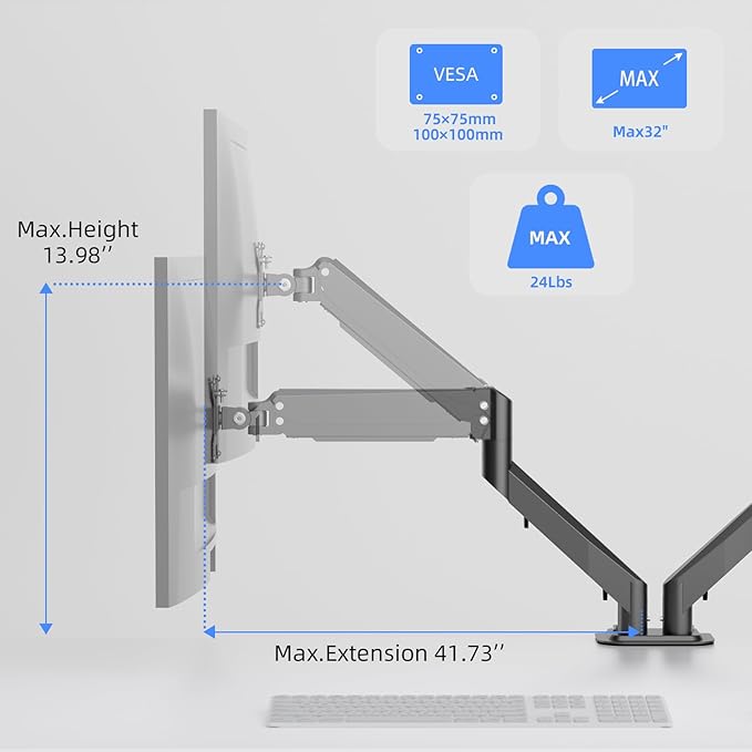 Pholiten Dual Monitor Stand, Fully Adjustable Gas Spring Arms for 17 to 32 inch Screens, VESA 75x75, 100x100, Max 22 lbs