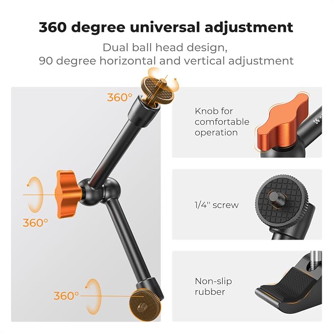 K&F CONCEPT 9.8" Magic Arm Clamp Kit with 1/4" & 3/8" Thread Screw 360° Ball Heads Articulating Magic Arm with Tripod Mount Adapter for Gopro/LED Lights/Monitor/Flash/Microphone/DSLR Camera - Image 3