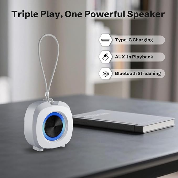 Speaker, Small Portable Bluetooth Wireless IPX5 Waterproof Shower Speaker,Loud Stereo Sound Deep Bass,Dual Pairing, RGB Lights,Long Playtime for Outdoor Party, Great Gift,1PC (White)