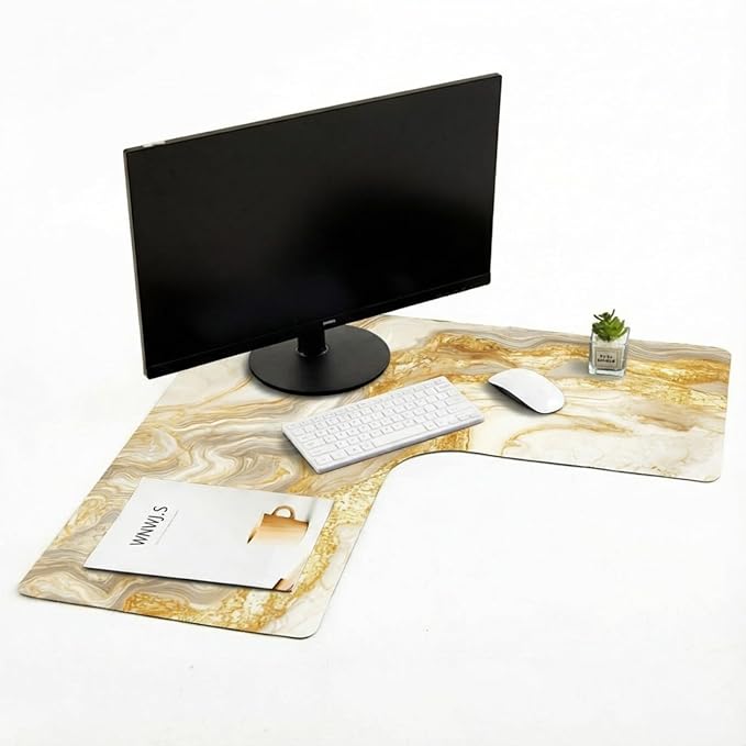 L Shaped Desk Mat for Corner, Large Extended Mouse Pad with Non-Slip Rubber Base, Gold Waterproof Desk Protector for Office & Gaming Setup