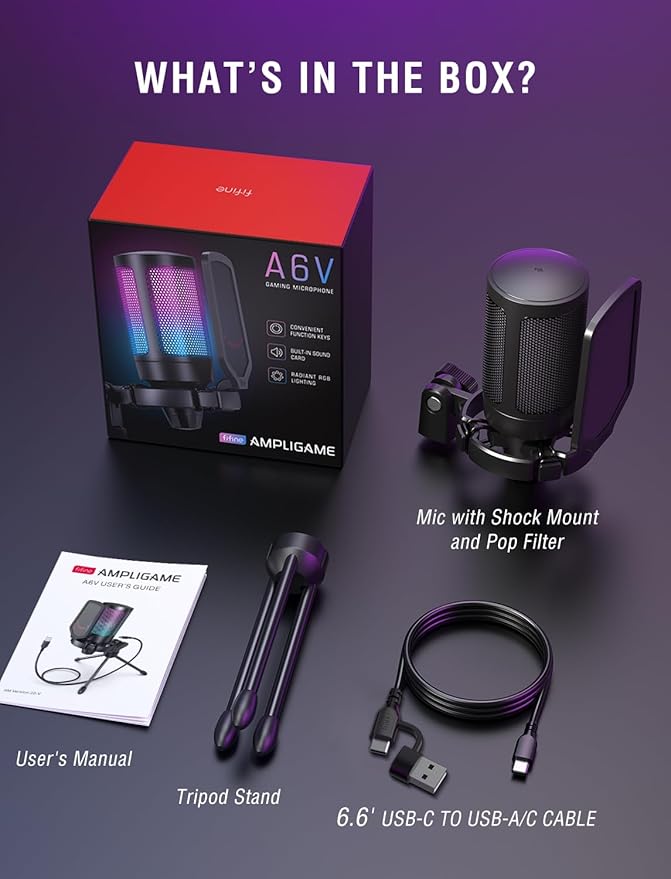 FIFINE Gaming USB Microphone for PC PS5, Condenser Mic with Quick Mute, RGB Indicator, Tripod Stand, Pop Filter, Shock Mount, Gain Control for Streaming Discord Twitch Podcasts Videos- AmpliGame